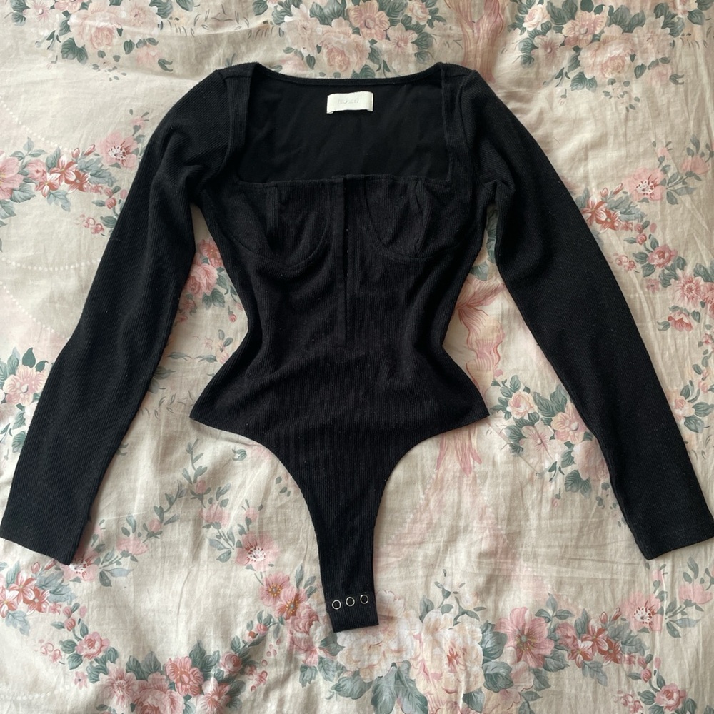 Capulet Ribbed Corset Bodysuit in Charcoal Gray